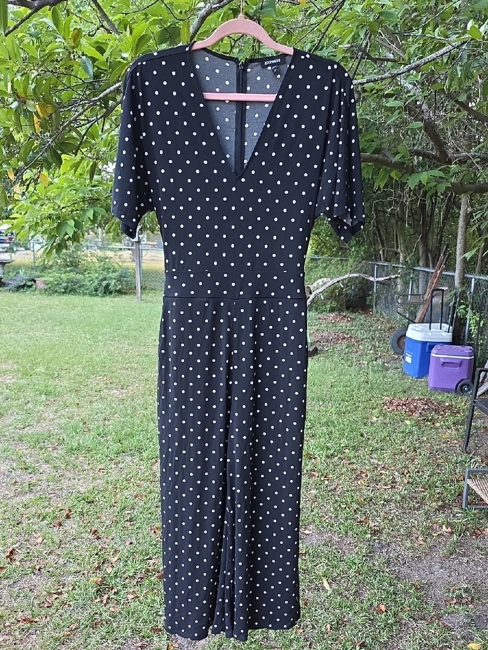 NWT Express Black & White Polka Dot Tie Waist Belt Wide Leg Romper Jumpsuit S